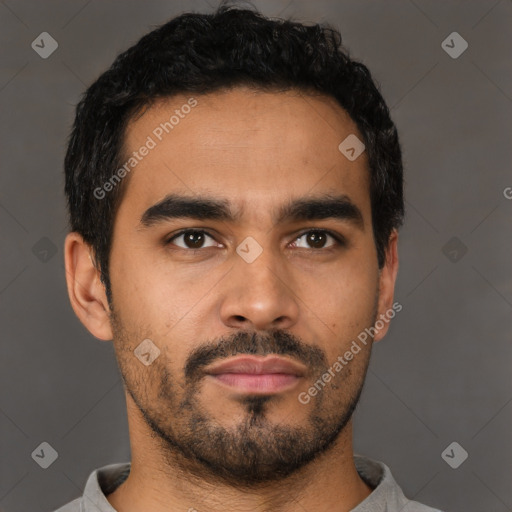 Neutral latino young-adult male with short  black hair and brown eyes