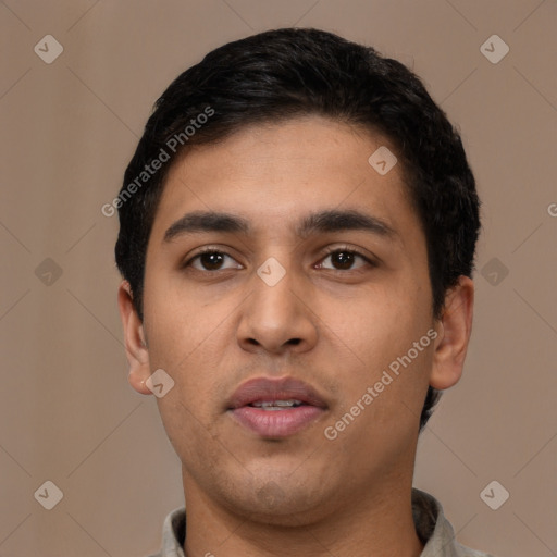 Neutral latino young-adult male with short  black hair and brown eyes