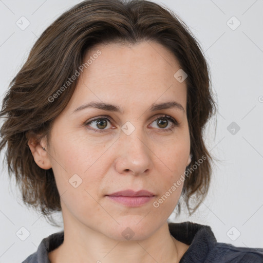 Neutral white young-adult female with medium  brown hair and brown eyes