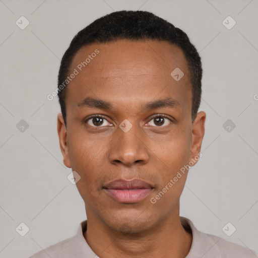 Neutral black young-adult male with short  black hair and brown eyes