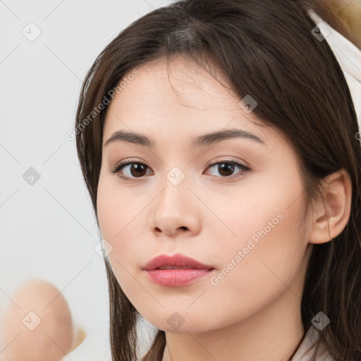 Neutral white young-adult female with medium  brown hair and brown eyes