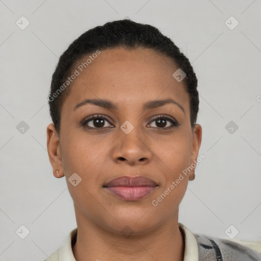 Joyful latino young-adult female with short  brown hair and brown eyes