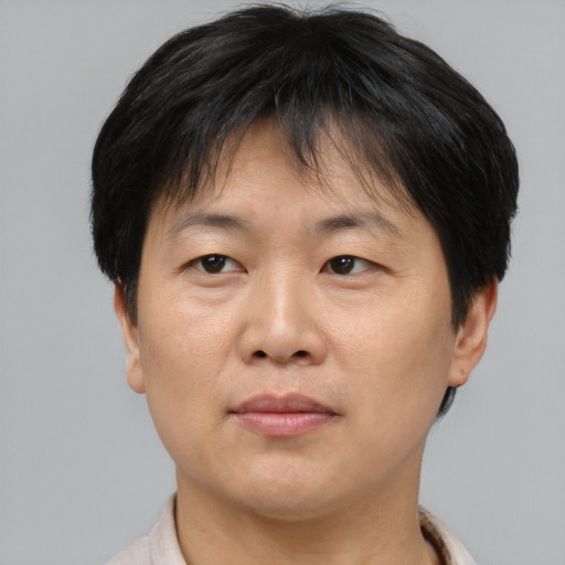 Joyful asian adult female with short  brown hair and brown eyes