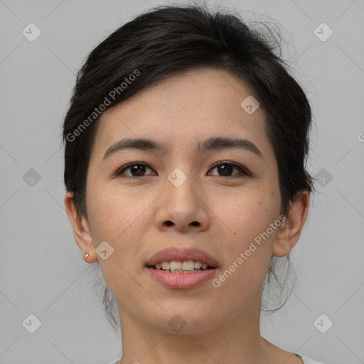 Joyful asian young-adult female with short  brown hair and brown eyes