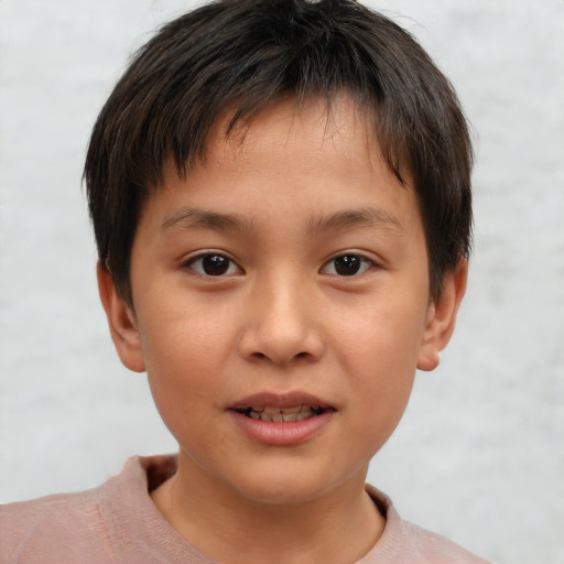 Joyful white child male with short  brown hair and brown eyes