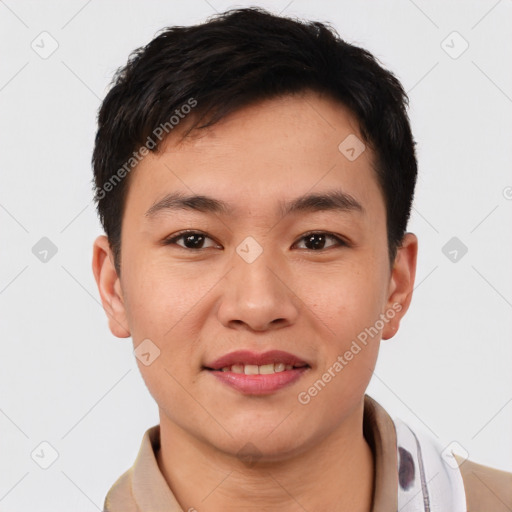 Joyful asian young-adult male with short  brown hair and brown eyes