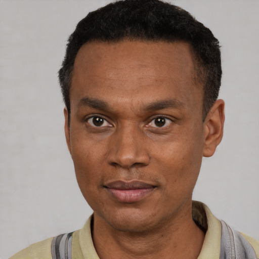 Neutral latino adult male with short  black hair and brown eyes
