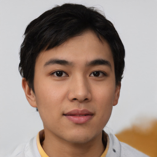 Neutral asian young-adult male with short  black hair and brown eyes