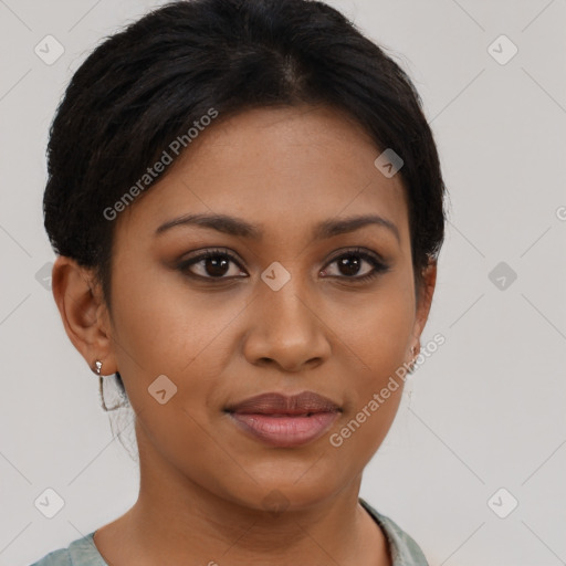 Joyful latino young-adult female with short  brown hair and brown eyes