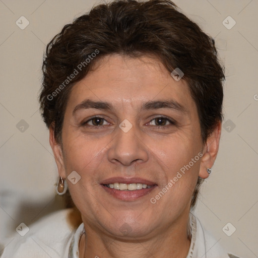 Joyful white adult female with short  brown hair and brown eyes