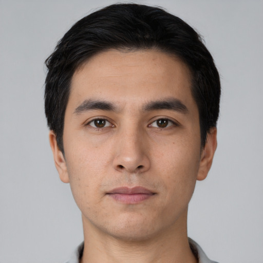 Neutral asian young-adult male with short  black hair and brown eyes