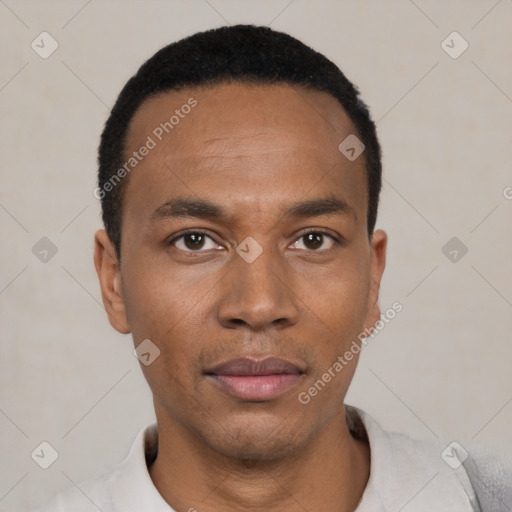 Neutral latino young-adult male with short  black hair and brown eyes