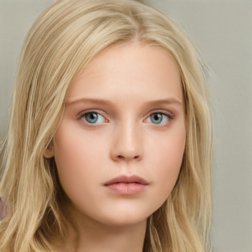 Neutral white young-adult female with long  blond hair and blue eyes