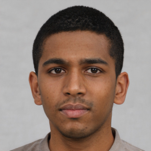 Neutral black young-adult male with short  black hair and brown eyes