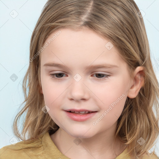 Joyful white child female with medium  brown hair and brown eyes