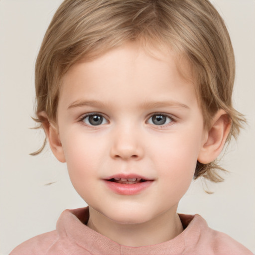 Neutral white child female with medium  brown hair and grey eyes