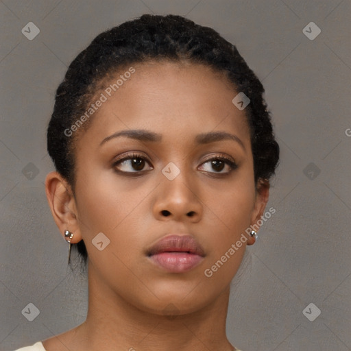 Neutral black young-adult female with short  brown hair and brown eyes