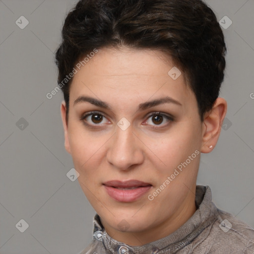 Joyful white young-adult female with short  brown hair and brown eyes