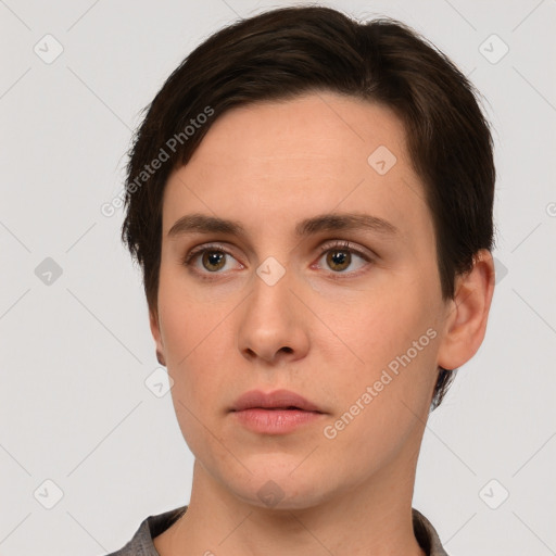 Neutral white young-adult female with short  brown hair and brown eyes