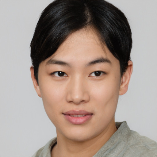 Neutral asian young-adult female with short  black hair and brown eyes
