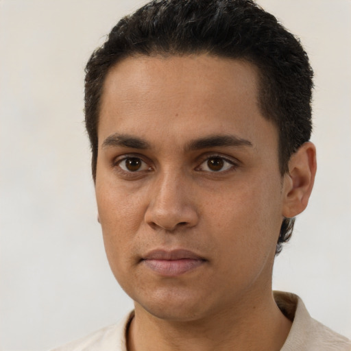 Neutral latino young-adult male with short  brown hair and brown eyes