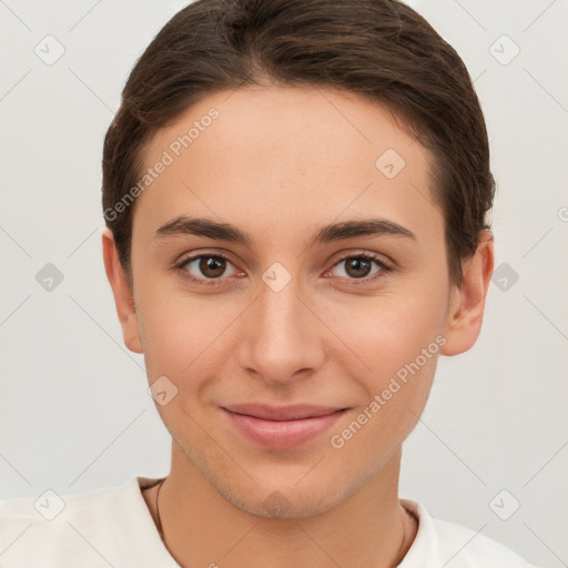 Joyful white young-adult female with short  brown hair and brown eyes