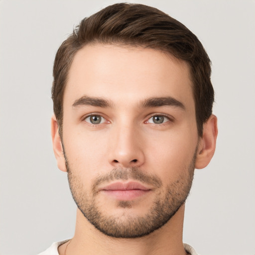 Neutral white young-adult male with short  brown hair and brown eyes