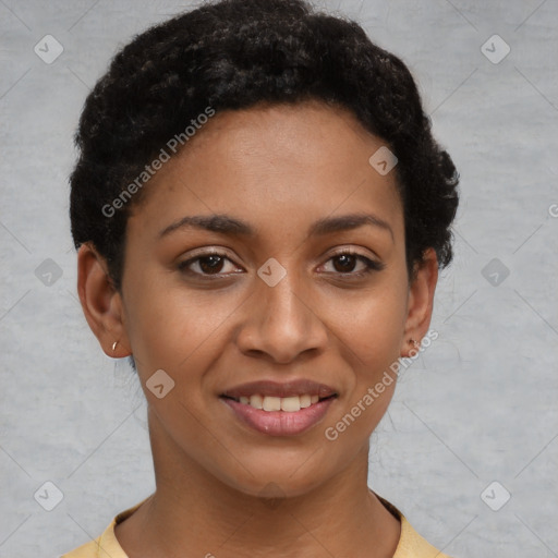 Joyful latino young-adult female with short  brown hair and brown eyes