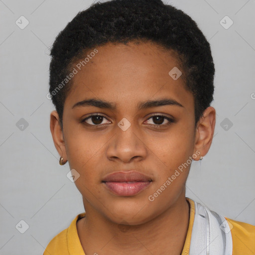 Neutral black young-adult female with short  brown hair and brown eyes