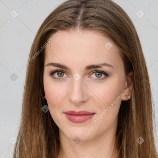 Joyful white young-adult female with long  brown hair and green eyes