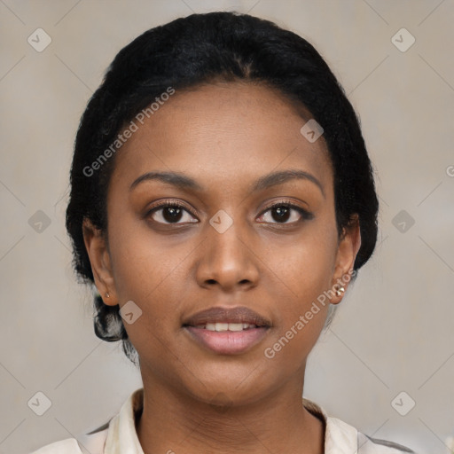 Neutral black young-adult female with short  black hair and brown eyes