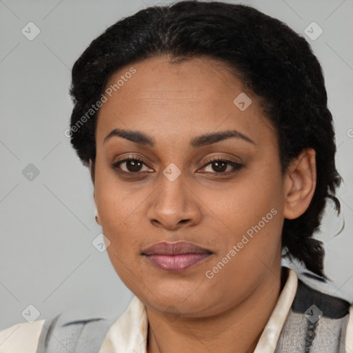 Joyful latino young-adult female with short  brown hair and brown eyes