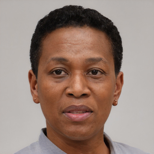 Joyful black adult female with short  black hair and brown eyes