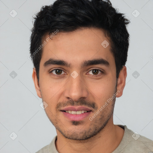 Joyful white young-adult male with short  black hair and brown eyes