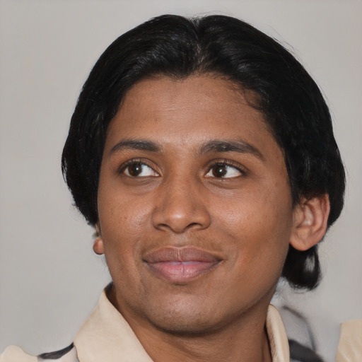 Joyful asian young-adult male with medium  brown hair and brown eyes