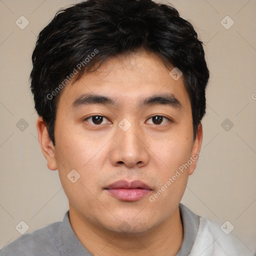 Neutral asian young-adult male with short  black hair and brown eyes