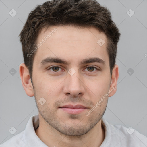 Neutral white young-adult male with short  brown hair and brown eyes