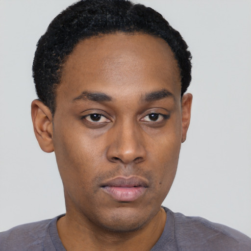 Neutral black young-adult male with short  black hair and brown eyes