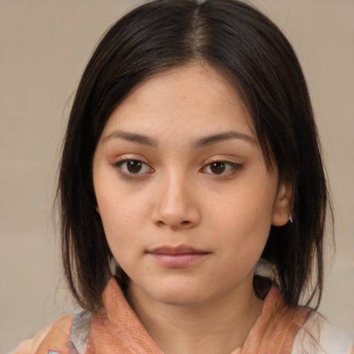 Neutral white young-adult female with medium  brown hair and brown eyes