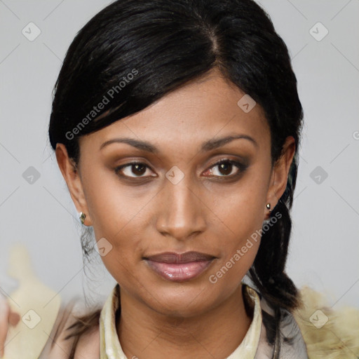 Joyful asian young-adult female with medium  black hair and brown eyes