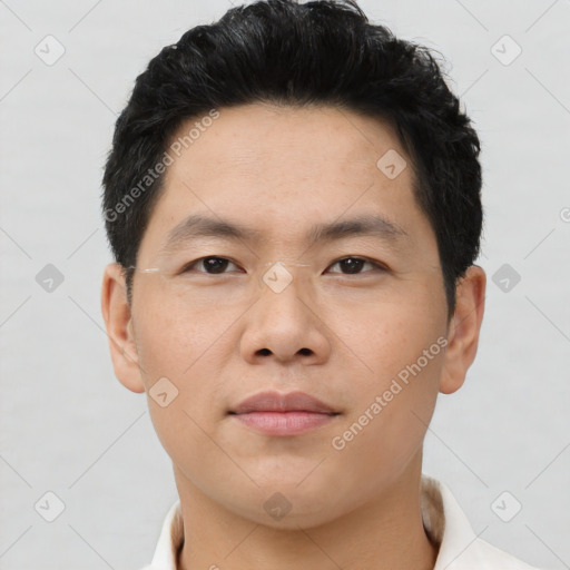 Neutral asian young-adult male with short  black hair and brown eyes