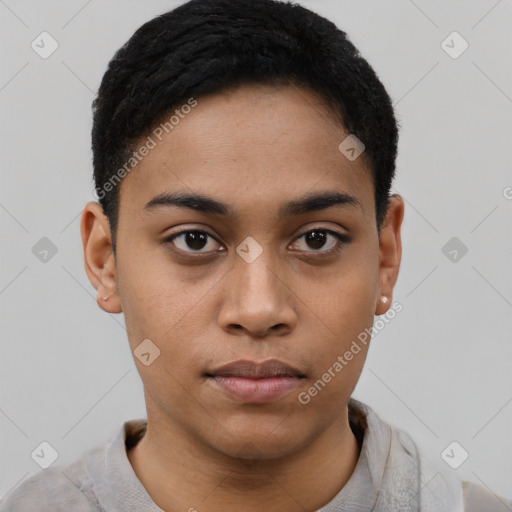 Neutral latino young-adult female with short  black hair and brown eyes