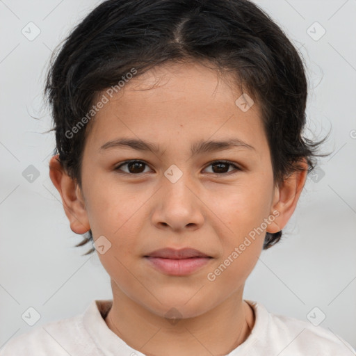 Joyful white child female with short  brown hair and brown eyes