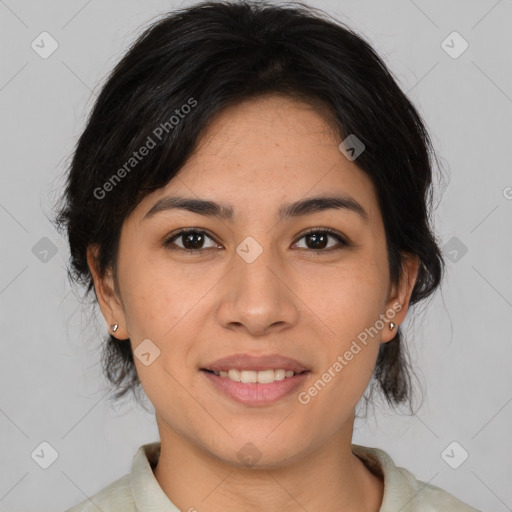 Joyful asian young-adult female with medium  brown hair and brown eyes