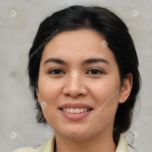 Joyful asian young-adult female with medium  brown hair and brown eyes