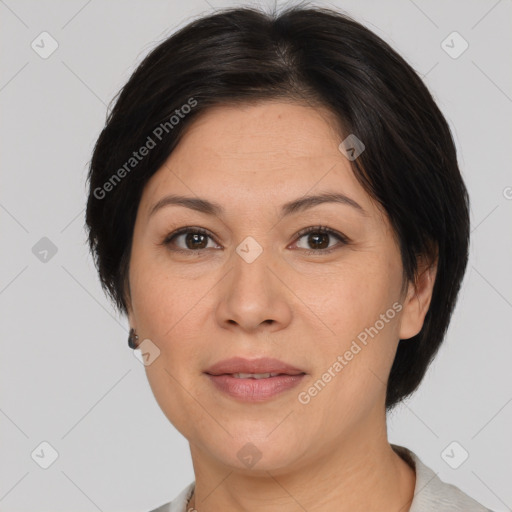 Joyful white adult female with medium  brown hair and brown eyes