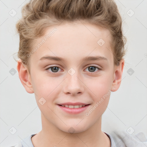 Joyful white child male with short  brown hair and grey eyes