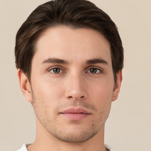 Neutral white young-adult male with short  brown hair and brown eyes