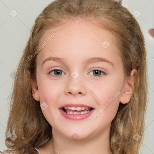 Joyful white child female with medium  brown hair and grey eyes