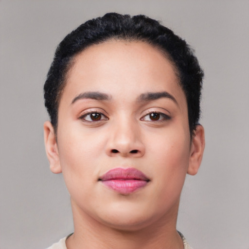 Neutral white young-adult female with short  black hair and brown eyes